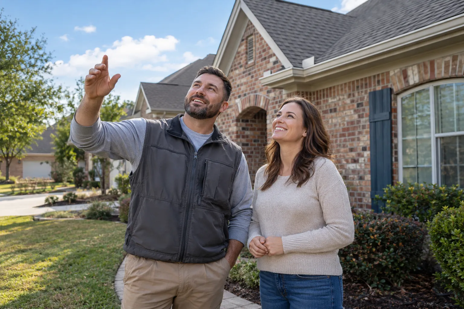 A friendly local roofing provider talking with a homeowner in front of a house in Lovejoy